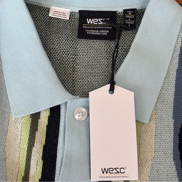 WESC Collar Polo Button Front Blue/Green Ripple Sky Pattern Men's M Women L NWT - Picture 5 of 10